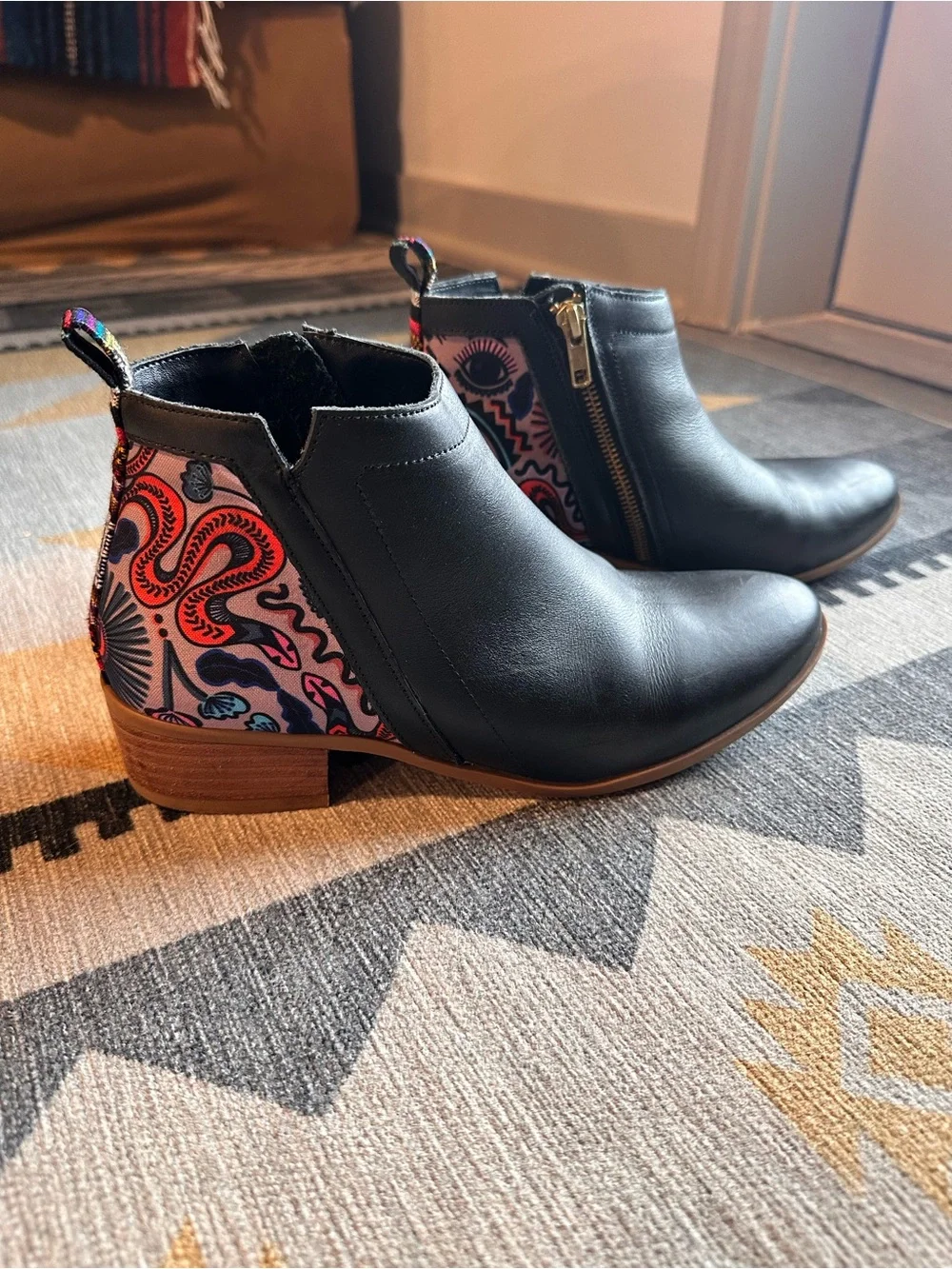 inkkas Black Ankle Booties with Pink Multicolor Patterned Heel Panel